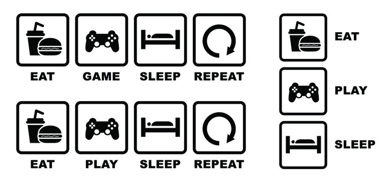 Quote Eat play sleep repeat sign or work icons. Funny vector party games slogans symbol icon. Set playing repeats signs. Gamer player video game and gamepad controller joystick.