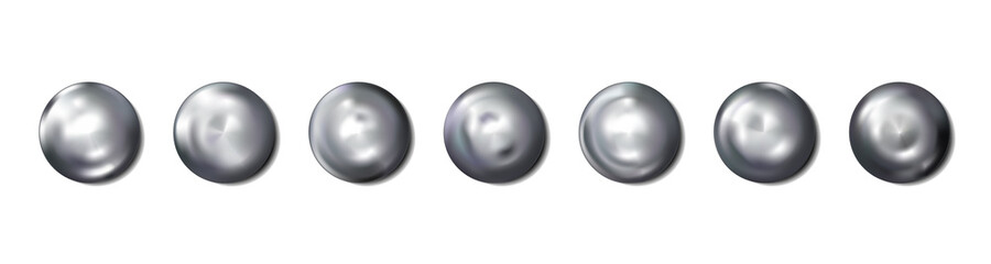 Realistic Construction rivets heads metal set isolated on white background. Shiny caps. In surface top view of wide a hats metalwares. Vector illustration