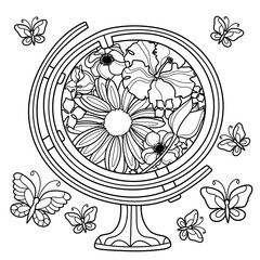 Coloring antistress page for adults 
and children. Globe with flowers inside, butterflies fly around