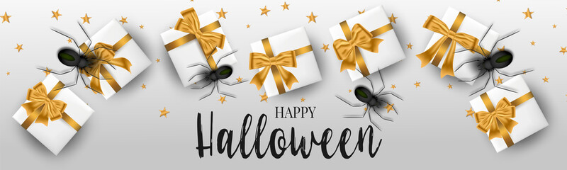 Fototapeta na wymiar Halloween banner template. Realistic black spiders and gift boxes. Trick or treat party invitation card. Vector illustration.