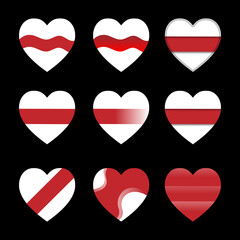 Set of white and red hearts. Belarus revolution symbols. Vector decorative elements for posters, banners, stickers