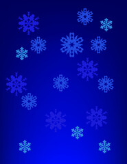 Fototapeta na wymiar Snowflakes of different shapes and sizes on a blue background. Christmas background design.