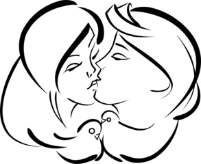 lovers guy and girl kiss like a pair of doves. love concept. Vector graphics. fictional characters and story