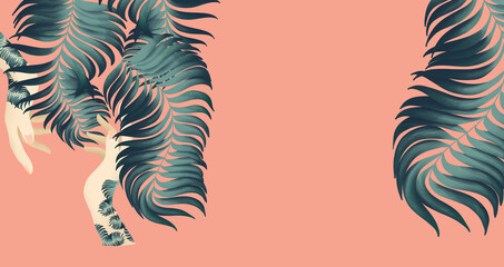 Tattooed hands with palm leaves on pink background