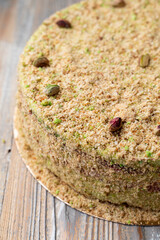 Close up of mousse crumbs cake, half is visible