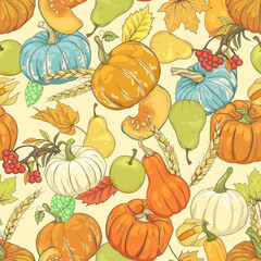 seamless autumn pattern with harvest. seamless pattern with pumpkins, apples, pears and berries