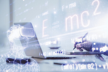 Science formula hologram with man working on computer on background. Education concept. Double...