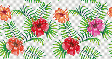 Beautiful 4k summer wallpaper seamless version green tropical foliage and multicolor  flowers hibiscus. Can be used with different color backgrounds. - obrazy, fototapety, plakaty