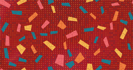 Christmas seamless vector background cartoon child style. Multicolored geometric shapes laid out in chaos style for wallpaper and wrapping paper