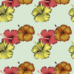 Tropical Hibiscus flowers seamless vector pattern background of dots