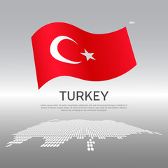 Turkey wavy flag and mosaic map on light background. Creative background for turkey national poster. Vector design. Business booklet. State turkish patriotic banner, flyer
