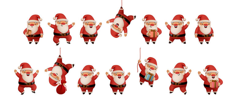 Set Of Happy Santa Claus In Red Clothes. Realistic 3d Character Compatible Doodle Emoji Elements On Face. Collection Objects Isolated On White Background For Xmas Festive Design. Vector Illustration