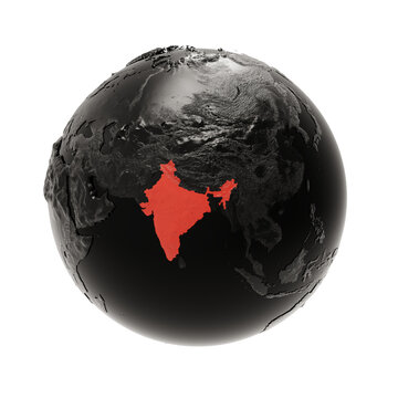 Black Relief Earth Globe with Asia. India is Highlighted in Red. 3d Render Isolated on White.