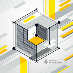 Trendy geometric vector pattern, textured abstract cube mesh yellow background. Technical plan, abstract engineering draft for use in graphic and web design.