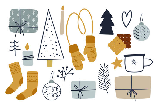 Christmas clipart set. Cozy winter illustration for srickers, logo, cards, posters, wrapping, scrapbooking, patterns. Hygge home stickers set in flat style.