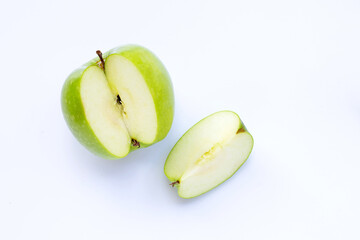 Green apples on white background. Copy space
