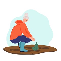 An elderly woman is engaged in gardening. Retired woman planting flowers. The concept of active old age. Day of the elderly. Flat cartoon vector illustration
