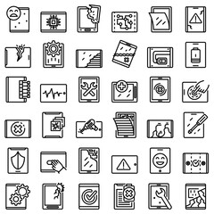Tablet repair icons set. Outline set of tablet repair vector icons for web design isolated on white background