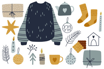 Christmas clipart set. Cozy winter illustration for srickers, logo, cards, posters, wrapping, scrapbooking, patterns. Hygge home stickers set in flat style.