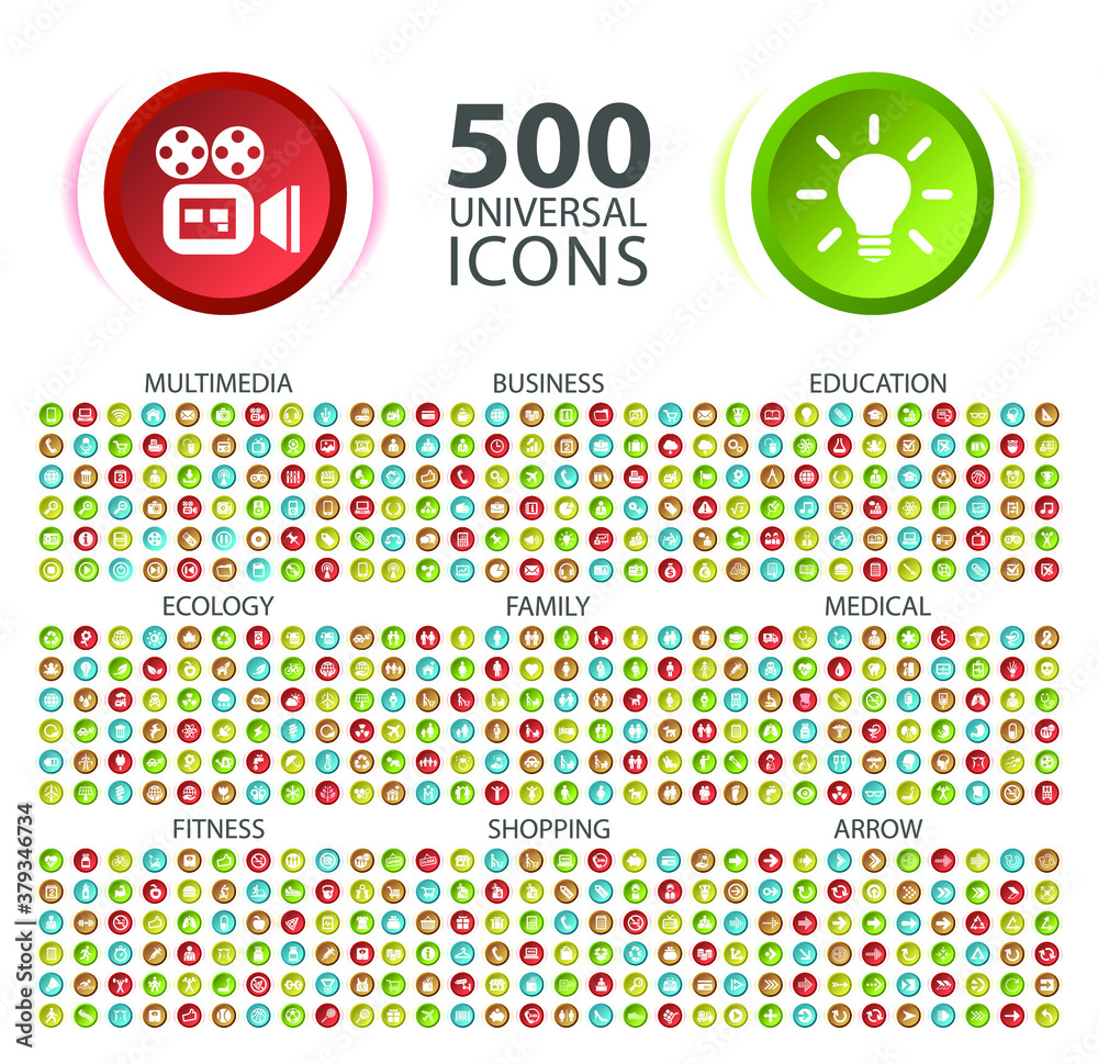 Poster set of high quality icons on colorful buttons on white background . isolated vector elements