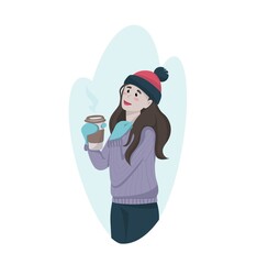 Girl in a warm hat and sweater holds a coffee and enjoys the winter air, vector illustration in flat style, isolated object on a white background.