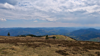 Panorama view from top of Belchen, one of the largest mountains in Black Forest, Baden-Wuerttemberg, Germany, in eastern direction at sunny spring day with dry grass in foreground.