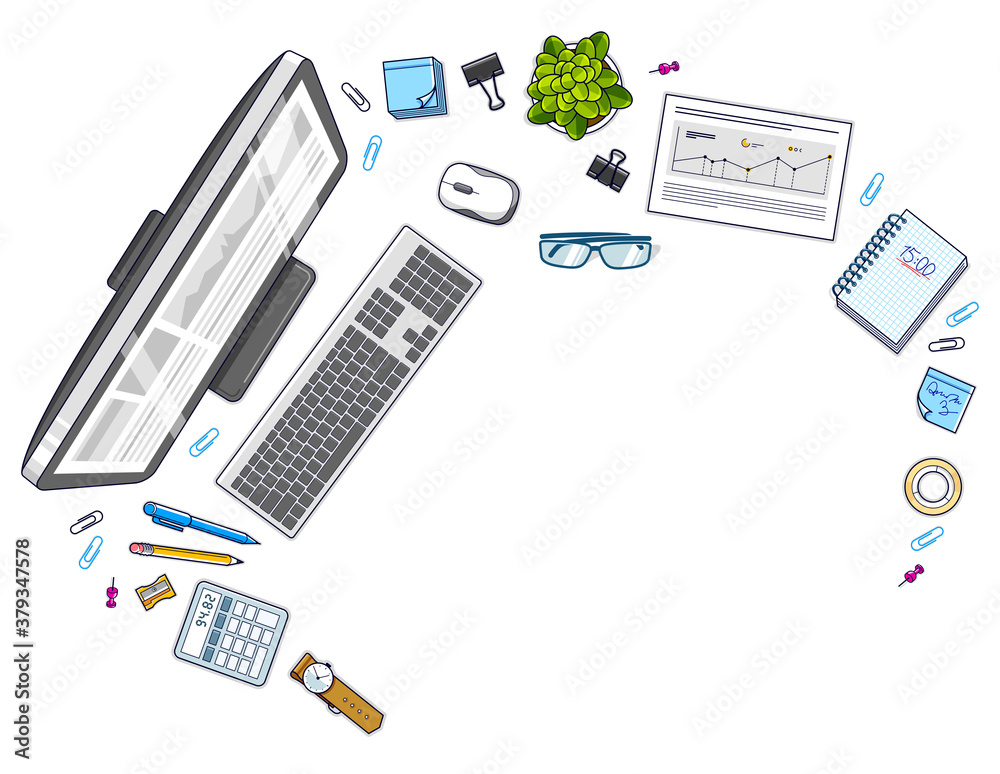 Fototapete Work desk workspace top view with PC computer and a lot of different stationery objects on table with copy space for text. All elements are easy to use separately or recompose illustration. Vector.