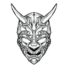 tattoo and t-shirt design black and white hand drawn illustration oni mask robotic head engraving ornament premium vector