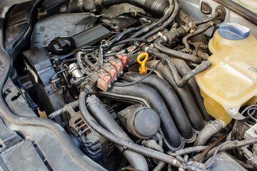 open hood car mechanic to check condition of damage. the radiator cooling panel Engine and...