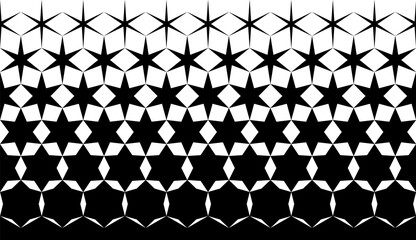 Geometric pattern of black hexagones and stars on a white background. Option with a middle fade out.7 figures in height