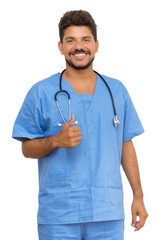 Optimistic hispanic male doctor with beard