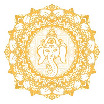 Vector illustration of a golden mandala. The head of the Hindu god Ganesha in a round golden frame. Hinduism, Ayurveda, Yoga and Meditation.
