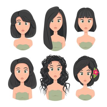 Set of model haircuts and hairstyles, portrait of a girl with different haircuts, hair length, girls avatars, vector illustration in flat style, isolated objects on a white background.