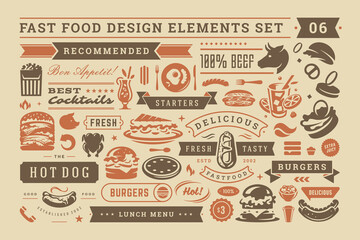 Fast food and street signs and symbols with retro typographic design elements vector set for restaurant menu decoration
