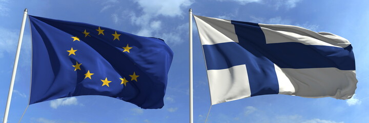 Waving flags of the European Union and Finland on flagpoles, 3d rendering