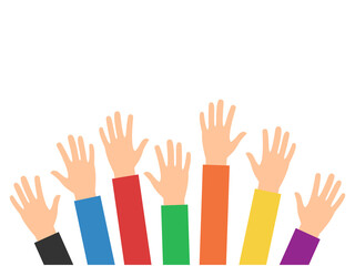 Obraz premium Raised hands volunteering vector illustration isolated on white. Business people activity concept. Teamwork symbol.