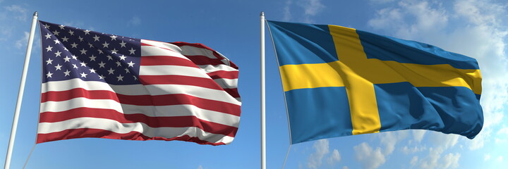 Fototapeta premium Flags of the USA and Sweden on flagpoles. 3d rendering