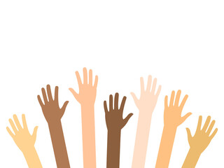 Raised hands of diversity people vector isolated on white. Teamwork and volunteering concept. Charity, crowd, collaboration illustration. Arms up with different skin color.
