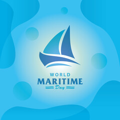 Fototapeta na wymiar World Maritime Day with sailboat emblem on blue background. Holidays around the world maritime days.