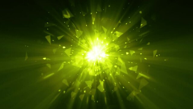 Abstract lime green magic star firework with broken glass particle exploding on black background, light ray effect. High energy fractal light  shine. 4K 3D seamless loop animation. Glow light tunnel.