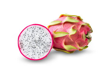 Dragon fruit and sliced piece on white backgroud. Clipping path.