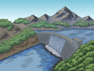 Dam hydropower river graphic color landscape sketch illustration vector