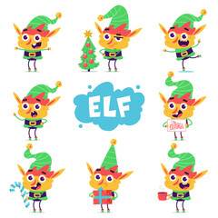 Obraz premium Cute Christmas elf vector cartoon characters set isolated on white background.