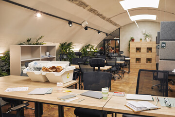 Wide angle background image of two waste sorting containers on desk in modern office interior, copy...