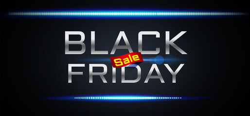 Black Friday Sale on Red Ribbon and Blue LEDs on Dark Background. Promotional poster banner Concept of sale, clearance and discount.