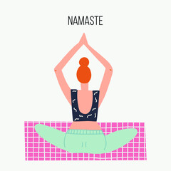 Vector collection with cartoon people in yoga position and meditate. Cute illustration of people doing exercise. Lifestyle infographics, mental and physical benefits of practice. - 379350145