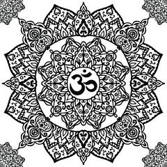 Vector illustration of a mandala. Om symbol in the center of the mandala. Endless seamless pattern isolated on white background.
