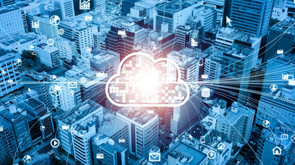 クラウドコンピューティング　都市とネットワークイメージ　SaaS　ICT　IoT