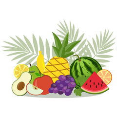 Set of exotic fruits collected in a composition, color vector illustration isolated on a white background, clipart, design, decoration