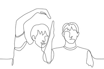 two friends, one of whom is trying to create a heart shape from his hands together with a nearby friend, but his friend does not want it. one continuous line drawing concept of rejection of love